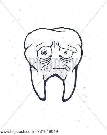 Old Unhealthy Sad Human Tooth With Caries, Tired Eyes And Bristles. Outline. Vector Illustration. Sy