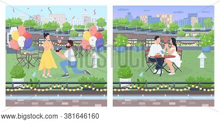 Couple Dates On Roof Flat Color Vector Illustration Set. Rooftop Dinner. Man Propose Engagement. Cou
