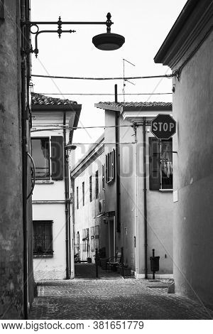 Old streets in San Giovanni in Marignano, Emilia-Romagna, Italy. Black and white photography, cityscape