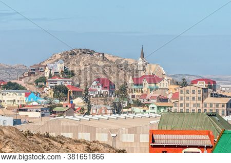 Luderitz, Namibia - June 15, 2011: A View Of Luderitz As Seen From Shark Island. Buildings Are Visib