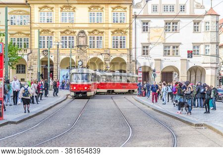 Prague, Czech Republic, May 13, 2019: Typical Old Retro Vintage Tram On Tracks Near Tram Stop In The