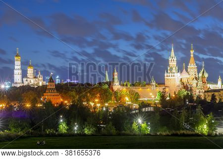 Moscow Cityscape At Night With Cathedral Of Vasily The Blessed (saint Basil's Cathedral), Towers Of 