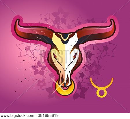 Taurus Zodiac Astrological Sign In Round Shape Isolated On White Background, In The Gothic Style, Ho