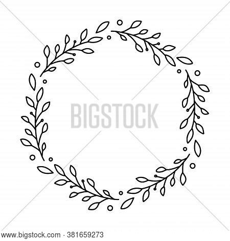 Frame From Floral Elements. Vector Black And White Round Frame, Border, Divider, Circle Shape, Branc