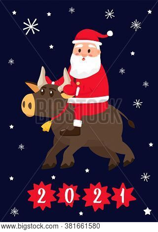 New Year Postcard. Chinese Year Of The Bull. 2021. Greeting Card, Poster Element With A Funny Ox Cha