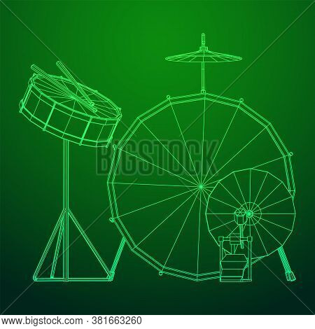 Musical Instruments Set. Rock Band Drum Kit. Percussion Musical Instrument Drums, Stick And Cymbal. 