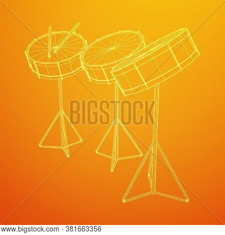 Musical Instruments Set. Rock Band Kit. Percussion Musical Instrument Drum And Stick. Wireframe Low 