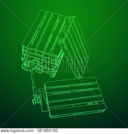 Hand Pallet Jack Lift. Manual Forklift With Cargo Pallet For Warehouse. Logistics Shipping Concept. 