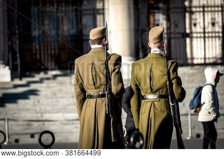Guard Of Honor In The Kossuth Lajos Square (kossuth Lajos Ter) At Hungarian Parliament Building In B