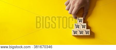 Sale Volume Increase Make Business Grow, Flips Cube With Icon Graph And Shopping Cart Symbol.