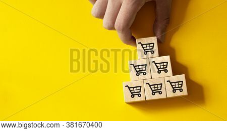 Sale Volume Increase Make Business Grow, Flips Cube With Icon Graph And Shopping Cart Symbol.