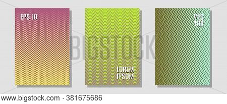 Halftone Gradient Texture Vector Cover Layouts. Hipster Placards. Zigzag Halftone Lines Wave Stripes