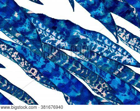 Summer Floral Background. Botanical Forest Illustration. Classic Blue And Indigo Watercolor Leaves S