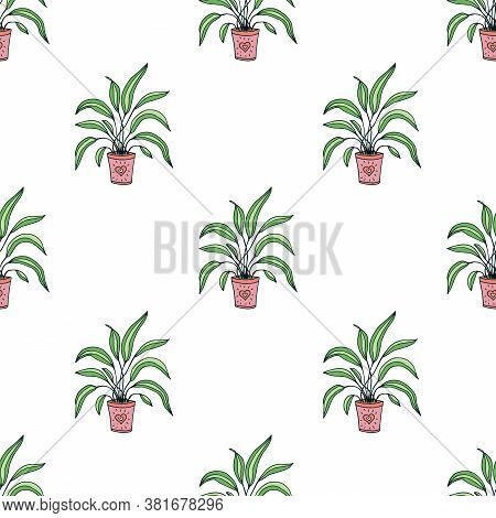Seamless Pattern With Cute Hand Drawn Flower Plants In Pots. Doodle Vector Bright Illustration House
