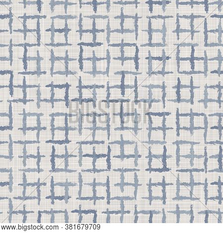 Seamless French Blue White Farmhouse Style Gingham Texture. Woven Linen Check Cloth Pattern Backgrou