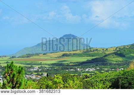 Countryside Landscape. Agriculture Fields An Mountain On Background In Mauritius, View Form Curepipe