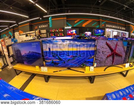 Kyiv, Ukraine - August 16, 2020: New Tv Sumsung Inside Store At Kyiv, Ukraine On July 29, 2020