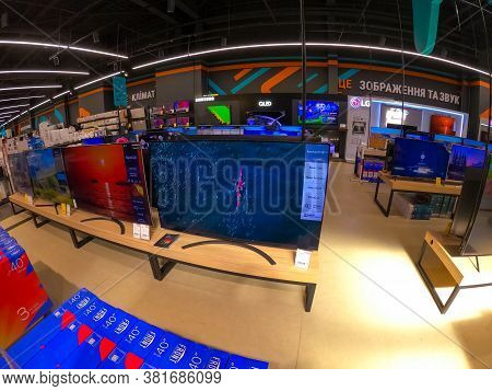 Kyiv, Ukraine - August 16, 2020: New Tv Sumsung Inside Store At Kyiv, Ukraine On July 29, 2020