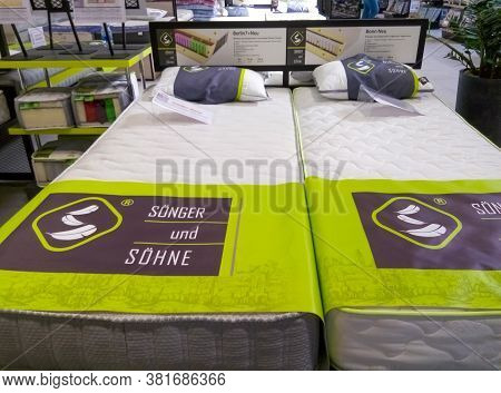 Kyiv, Ukraine - August 16, 2020: The Many Mattresses Songer Und Sohne On Display In Store Epicentre 
