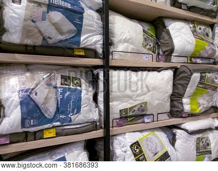 Kyiv, Ukraine - August 16, 2020: The Many Blankets Songer Und Sohne On Display In Store Epicentre At
