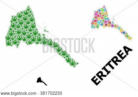 Vector Weed Mosaic And Solid Map Of Eritrea. Map Of Eritrea Vector Mosaic For Weed Legalize Campaign