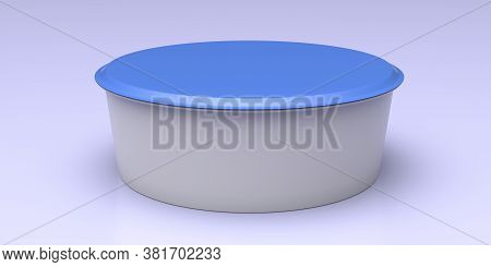 Plastic Bowl With Blue Lid On Pastel Purple Color Background. 3D Illustration