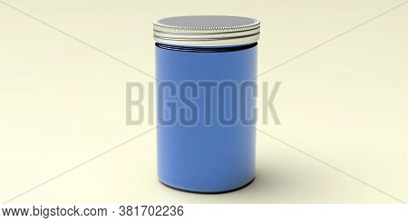 Glass Jar With Metal Lid Package, Blue Color With Lid On Yellow Color Background. 3D Illustration