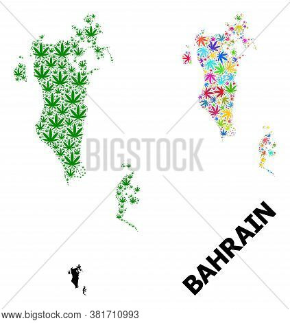 Vector Weed Mosaic And Solid Map Of Bahrain. Map Of Bahrain Vector Mosaic For Weed Legalize Campaign
