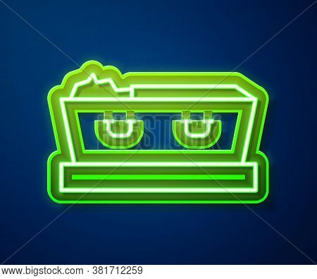 Glowing Neon Line Open Coffin With Dead Deceased Body Icon Isolated On Blue Background. Funeral Afte