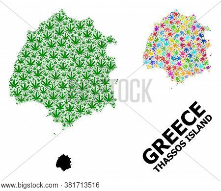 Vector Weed Mosaic And Solid Map Of Thassos Island. Map Of Thassos Island Vector Mosaic For Hemp Leg