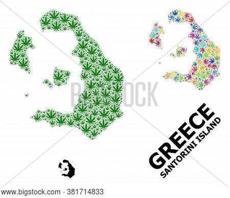 Vector Weed Mosaic And Solid Map Of Santorini Island. Map Of Santorini Island Vector Mosaic For Weed
