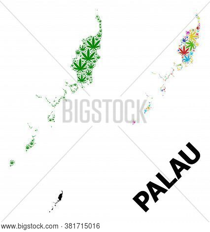 Vector Weed Mosaic And Solid Map Of Palau Islands. Map Of Palau Islands Vector Mosaic For Marijuana 