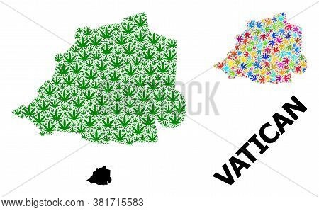 Vector Marijuana Mosaic And Solid Map Of Vatican. Map Of Vatican Vector Mosaic For Hemp Legalize Cam
