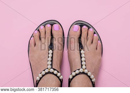 Female Feet In Sandals, Pink Pedicure. Woman Summer Shoes. Nail Care Concept, Chiropody