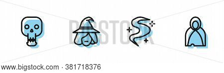 Set Line Magic Fog Or Smoke, Skull, Witch And Mantle, Cloak, Cape Icon. Vector