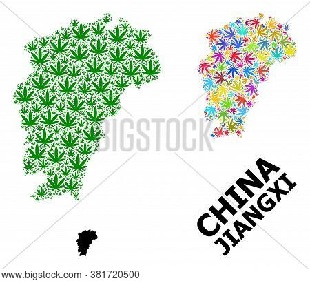 Vector Cannabis Mosaic And Solid Map Of Jiangxi Province. Map Of Jiangxi Province Vector Mosaic For 