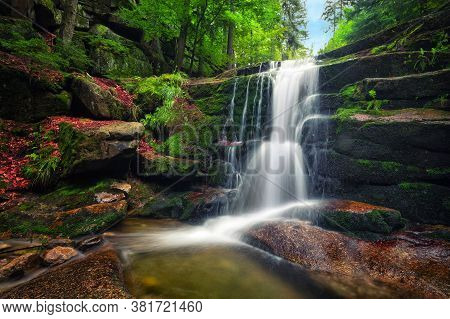 Kaskady Myi Waterfall In Karkonosze National Park, Lower Silesia, Poland