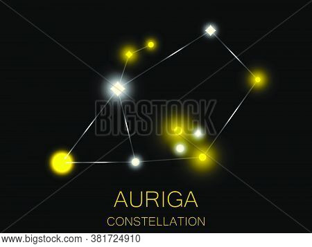 Auriga Constellation. Bright Yellow Stars In The Night Sky. A Cluster Of Stars In Deep Space, The Un