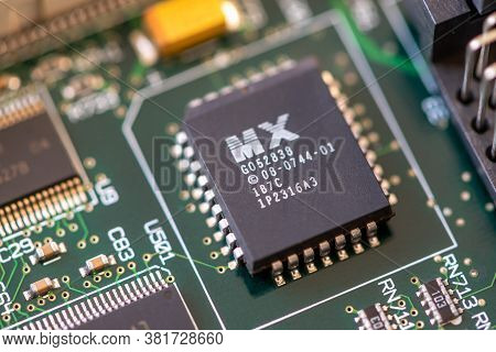 Timisoara, Romania - April 30, 2020: Close-up Of A Mx G052838 Integrated Circuit. Electronic Compone