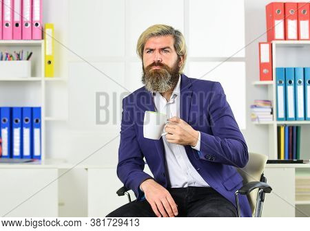 Businessman Drink Coffee. Serious Entrepreneur In Modern Office. Business Success. Good Morning. Suc