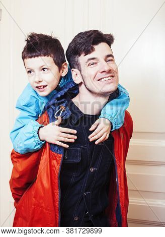 Faher And Son Together Having Fun At Home, Lifestyle Happy Family, People At Home