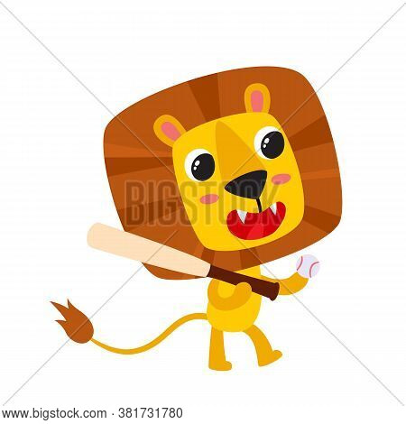 Playing Lion With Ball And Bat Isolated On White.