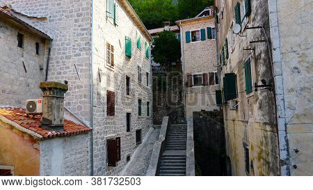 Fragments Of The Streets Of The Old City. Narrow Streets In The Historical Center Of Montenegro. Sto