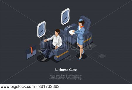 Business Class Airlines Concept. Male Passenger Sits In A Comfortable Business Class Seat In The Air