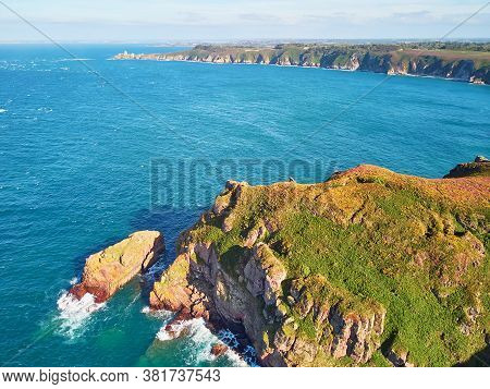 Scenic View Of Cape Frehel, One Of The Most Popular Tourist Destinations In Brittany, France. Aerial