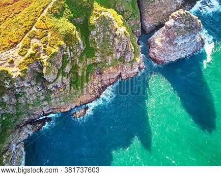 Scenic View Of Cape Frehel, One Of The Most Popular Tourist Destinations In Brittany, France. Aerial