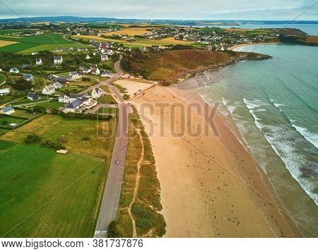 Aerial Drone View Of Atlantic Ocean Shore Line In Finistere, Brittany, France. Aerial Drone View Of 