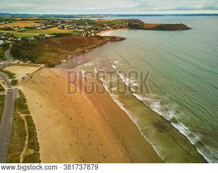 Aerial Drone View Of Atlantic Ocean Shore Line In Finistere, Brittany, France. Aerial Drone View Of 