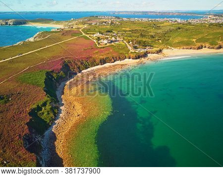 Aerial Drone View Of Atlantic Ocean Shore Line In Finistere, Brittany, France. Aerial Drone View Of 