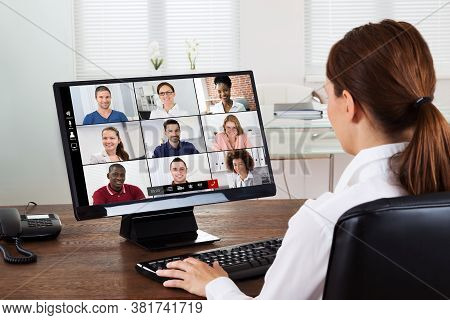 Woman In Video Conference Business Call. Videoconference Meeting